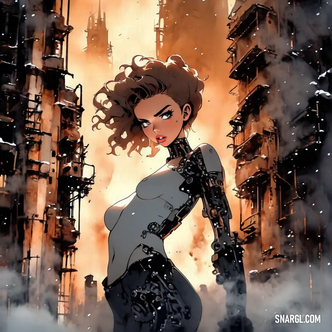 Woman in a white dress standing in front of a fire filled city with buildings and smokestacks. Example of NCS S 4030-Y50R color.