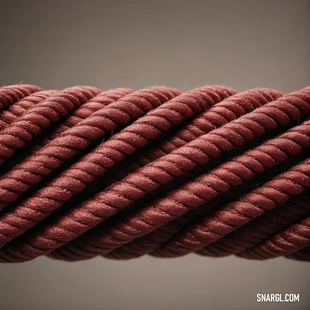 An intimate close-up of a textured red rope against a subtle gray background, contrasting beautifully while exemplifying the rich RGB 147,77,51 color tones and craftsmanship involved.