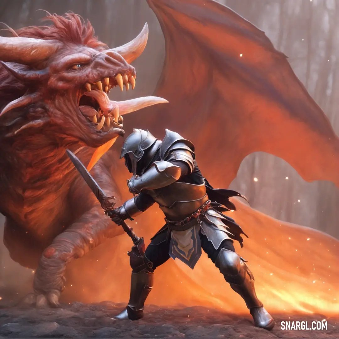 Dragon attacking a knight in a fantasy setting with flames in the background. Color RGB 147,77,51.