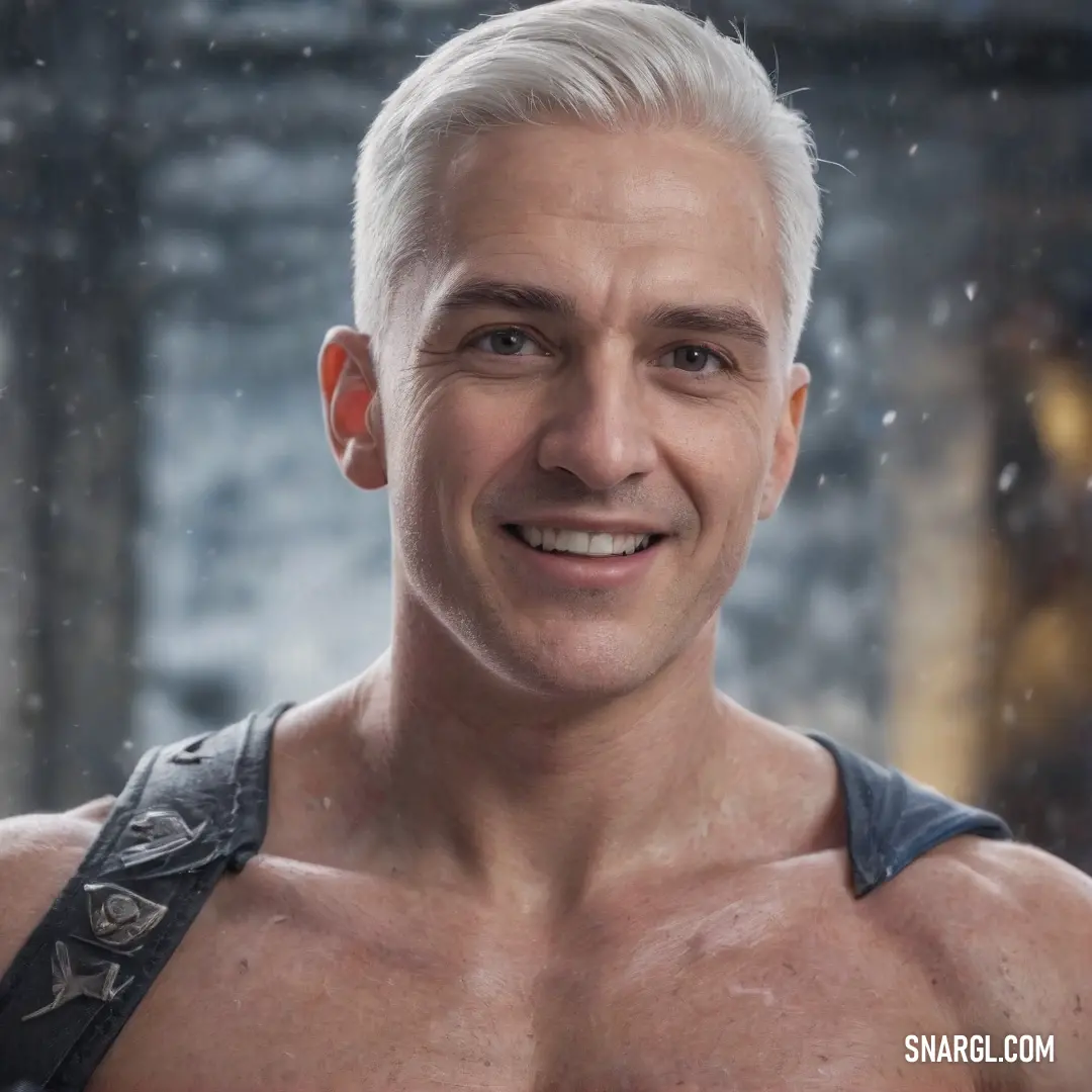 A cheerful man with a shaved head and shirtless torso, smiling against a snowy backdrop, embodies the essence of joy and celebration in a winter wonderland filled with glistening snowflakes.