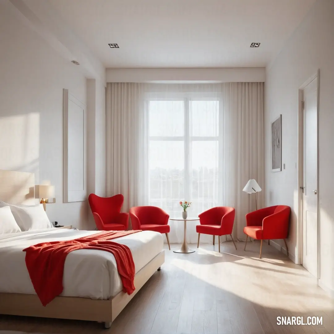 A cozy bedroom featuring a neatly made bed, two elegant chairs, and soft lighting that enhances a serene atmosphere. The color palette showcases warm tones highlighted by the use of CMYK 0,60,65,40 for a welcoming feel.