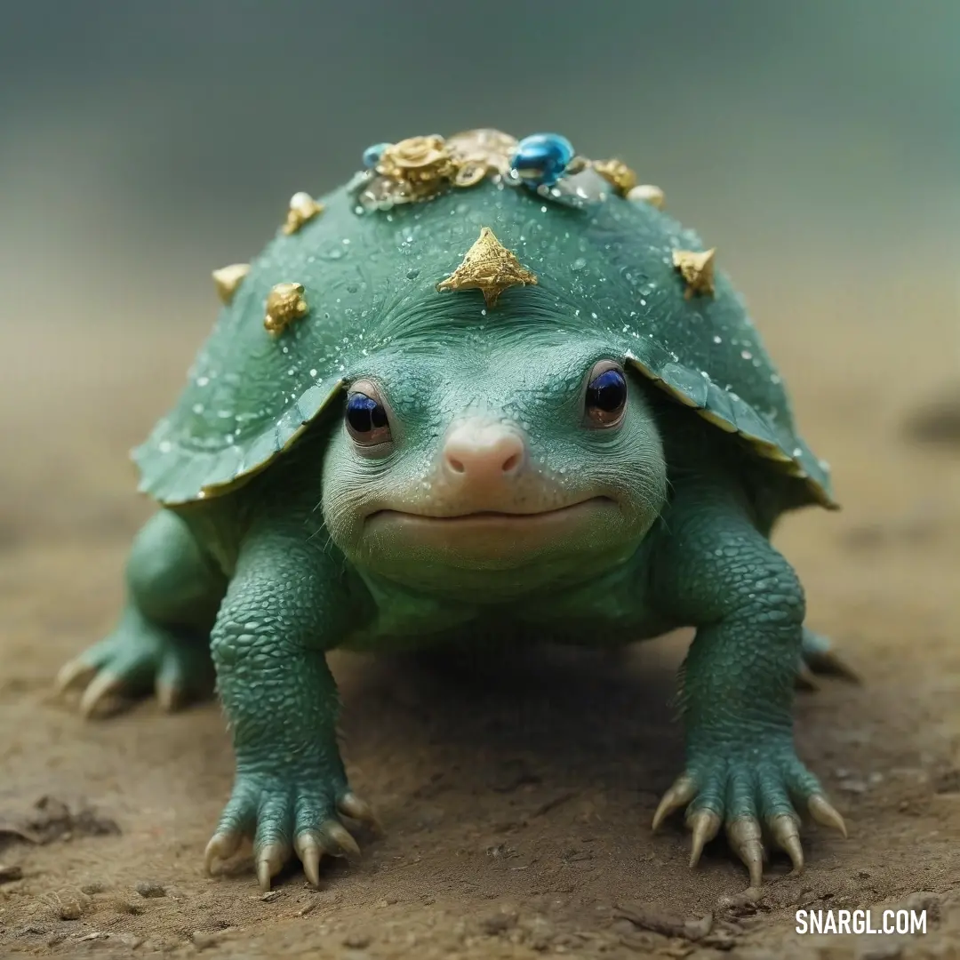 A regal green frog, adorned with a shimmering gold crown, perches gracefully on the earth, its eyes sparkling with life. The combination of lush surroundings and noble attire creates a scene of whimsical royal charm.