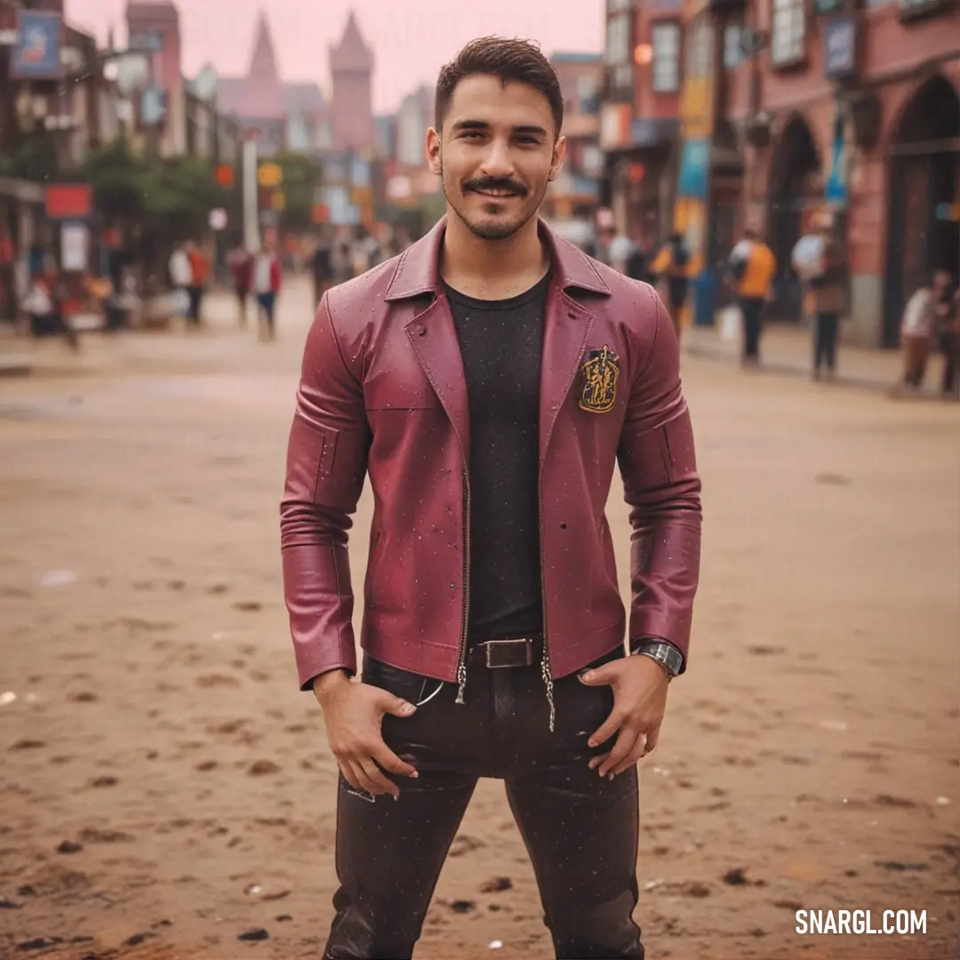 A man casually stands on a rustic dirt road, his red jacket draped over his shoulders, hands tucked into pockets, evoking a sense of adventure against a backdrop of nature.