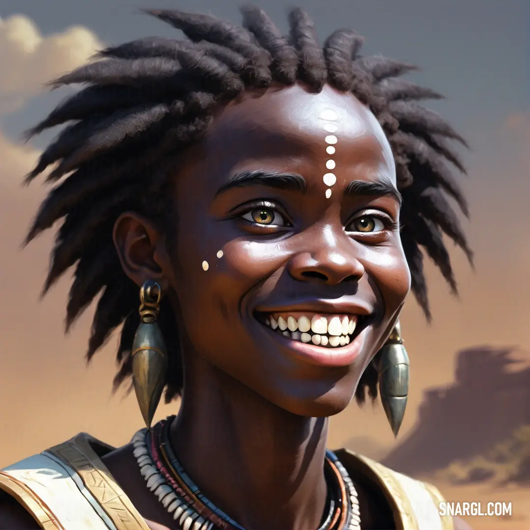 A painting of a woman with dreadlocks, radiating joy with a bright smile, set against a warm desert backdrop. Her joyful expression and the earthy tones of the desert merge in perfect harmony, offering a visual of serenity and strength.