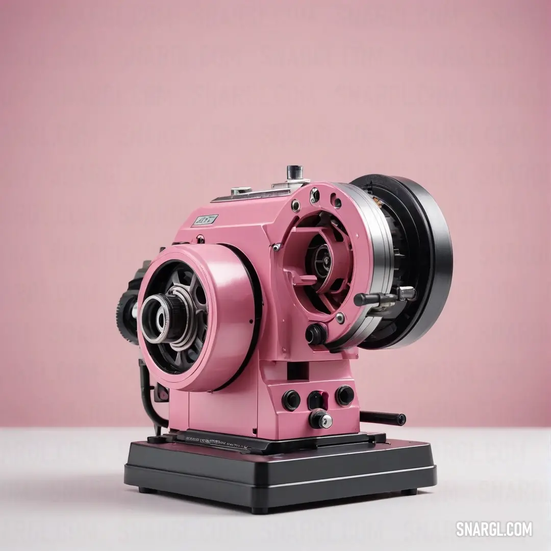 A vibrant pink camera rests on a sleek black stand against a soft pink wall, creating a delightful harmony of colors that evokes a sense of fun and creativity for photography enthusiasts.