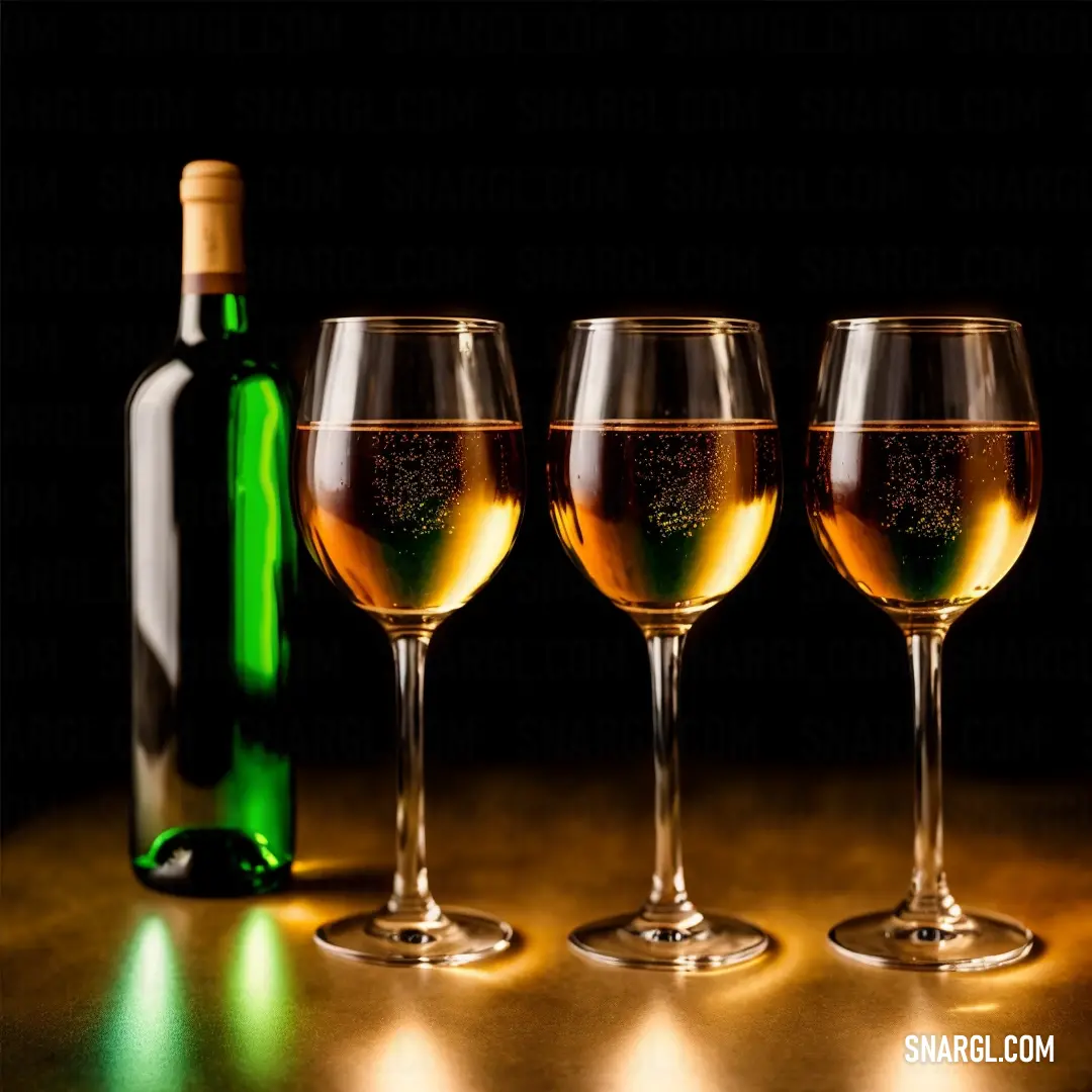 Three wine glasses glisten on a table beside a bottle of wine, surrounded by a dark, moody backdrop that enhances the rich, deep color of the wine and the elegance of the setting. The scene feels sophisticated and intimate.