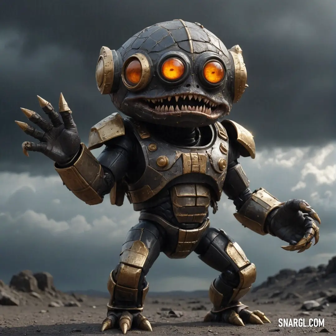 A quirky robot with oversized eyes stands alone in a desolate desert, its odd features illuminated by an ominous dark sky. It evokes curiosity about the tales etched in its metallic frame.