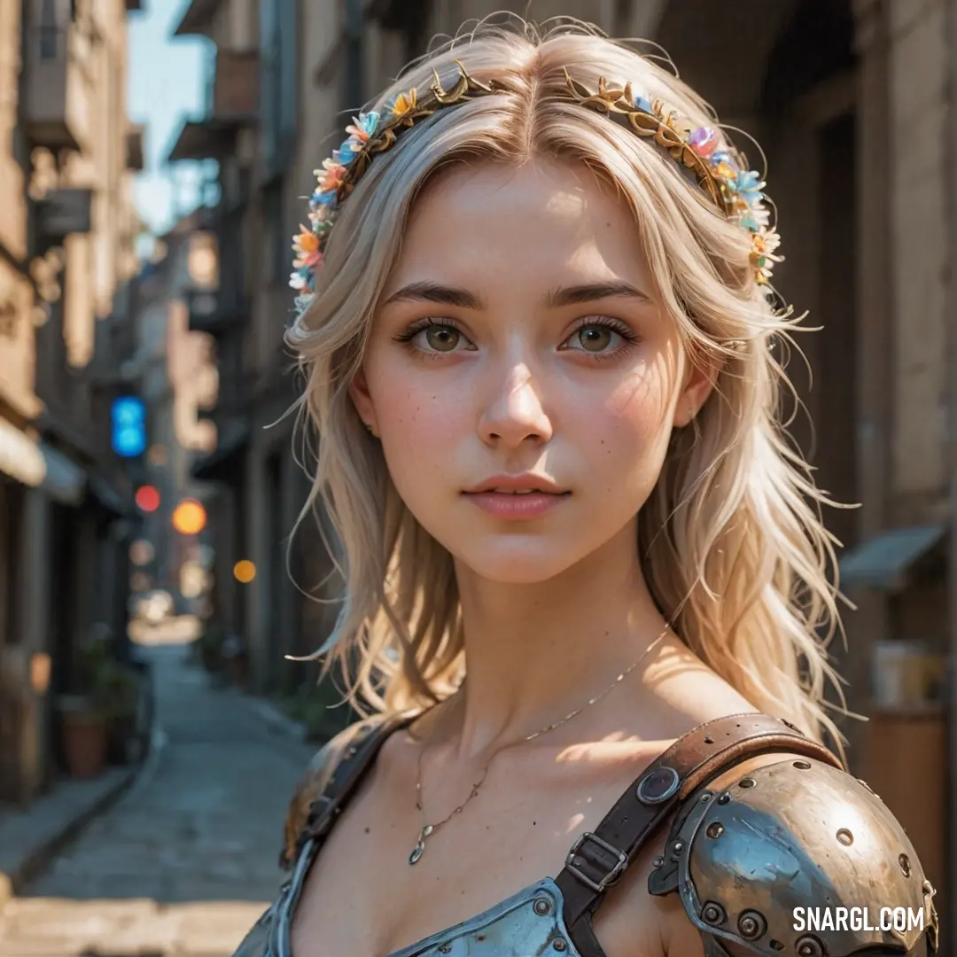 A woman in an elegant dress with a crown stands poised on a street corner, striking a graceful silhouette against a beautiful building backdrop immersed in the rich tones of NCS S 4030-Y60R.