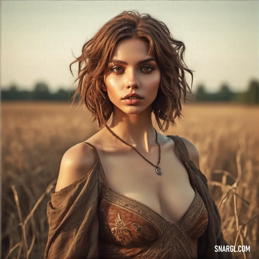 Woman in a field of wheat with a necklace on her neck. Color NCS S 4030-Y70R.