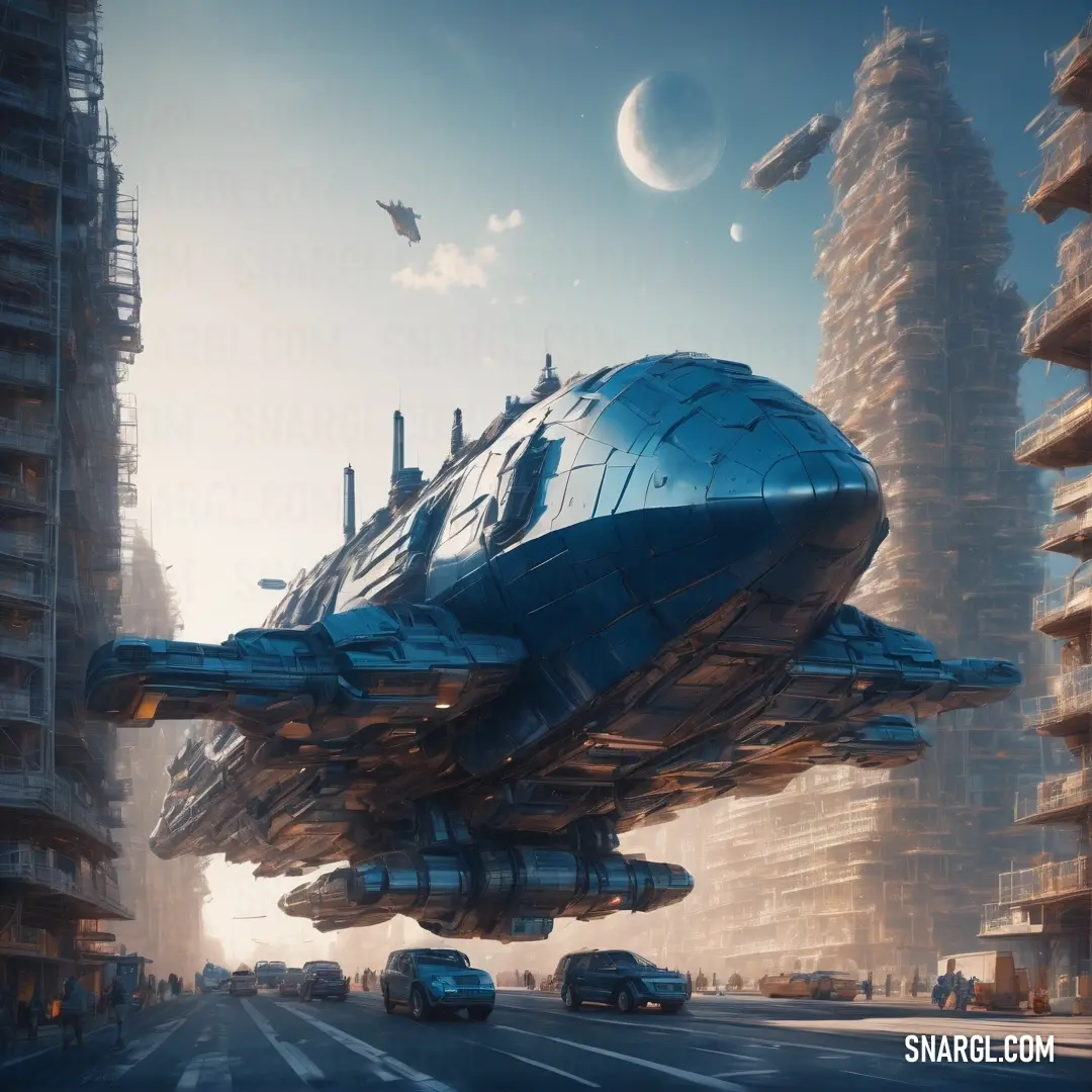 Futuristic city with a giant blue object in the middle of the road and a flying bird in the sky. Example of CMYK 80,10,0,52 color.
