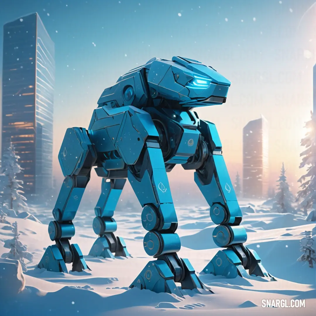 Robot dog is standing in the snow in front of a cityscape with skyscrapers. Example of RGB 0,96,124 color.