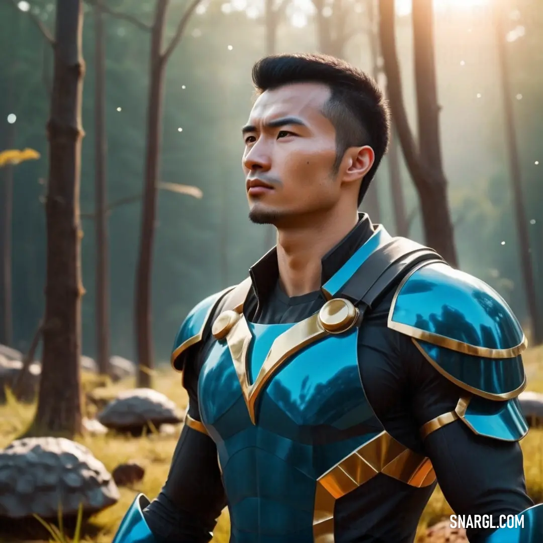 Man in a blue and gold costume standing in a forest with trees and rocks in the background. Example of #006372 color.