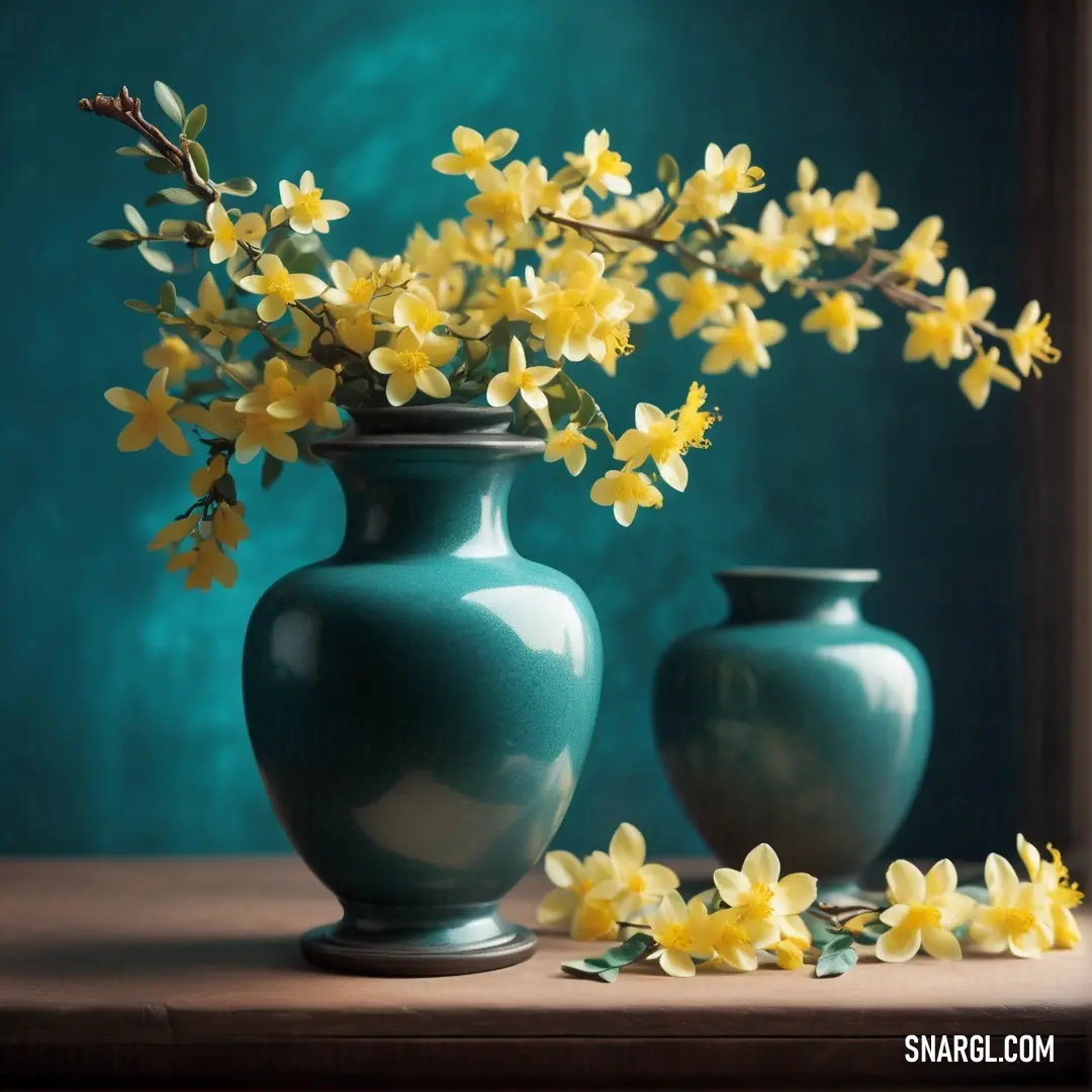 Vase with yellow flowers in it on a table next to another vase. Example of #006372 color.