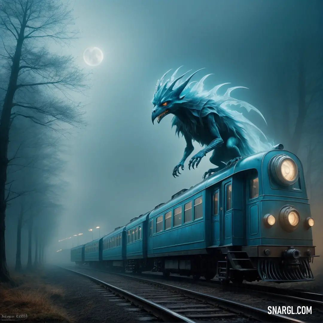 Train with a dragon on the front of it on a foggy night with trees and a full moon. Color RGB 0,107,112.