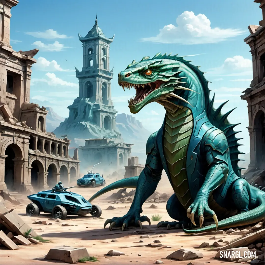 NCS S 4040-B40G color example: Large green dragon on top of a dirt field next to a blue car and a tower with a clock