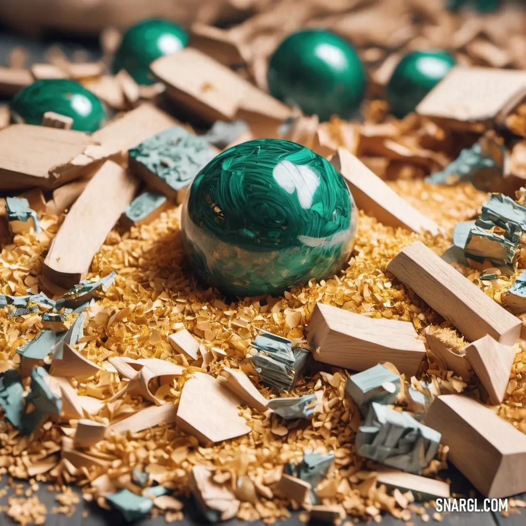 Bunch of wood pieces and a green ball on a table top with other wood pieces scattered around it. Example of #007468 color.