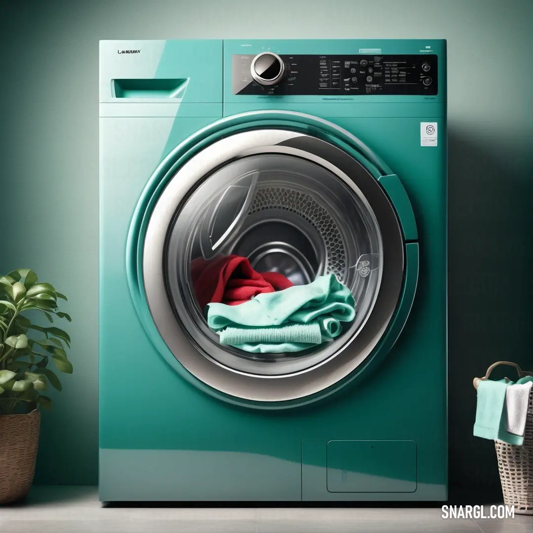 Green washer with a red cloth in it next to a basket of towels and a green plant. Color NCS S 4040-B50G.