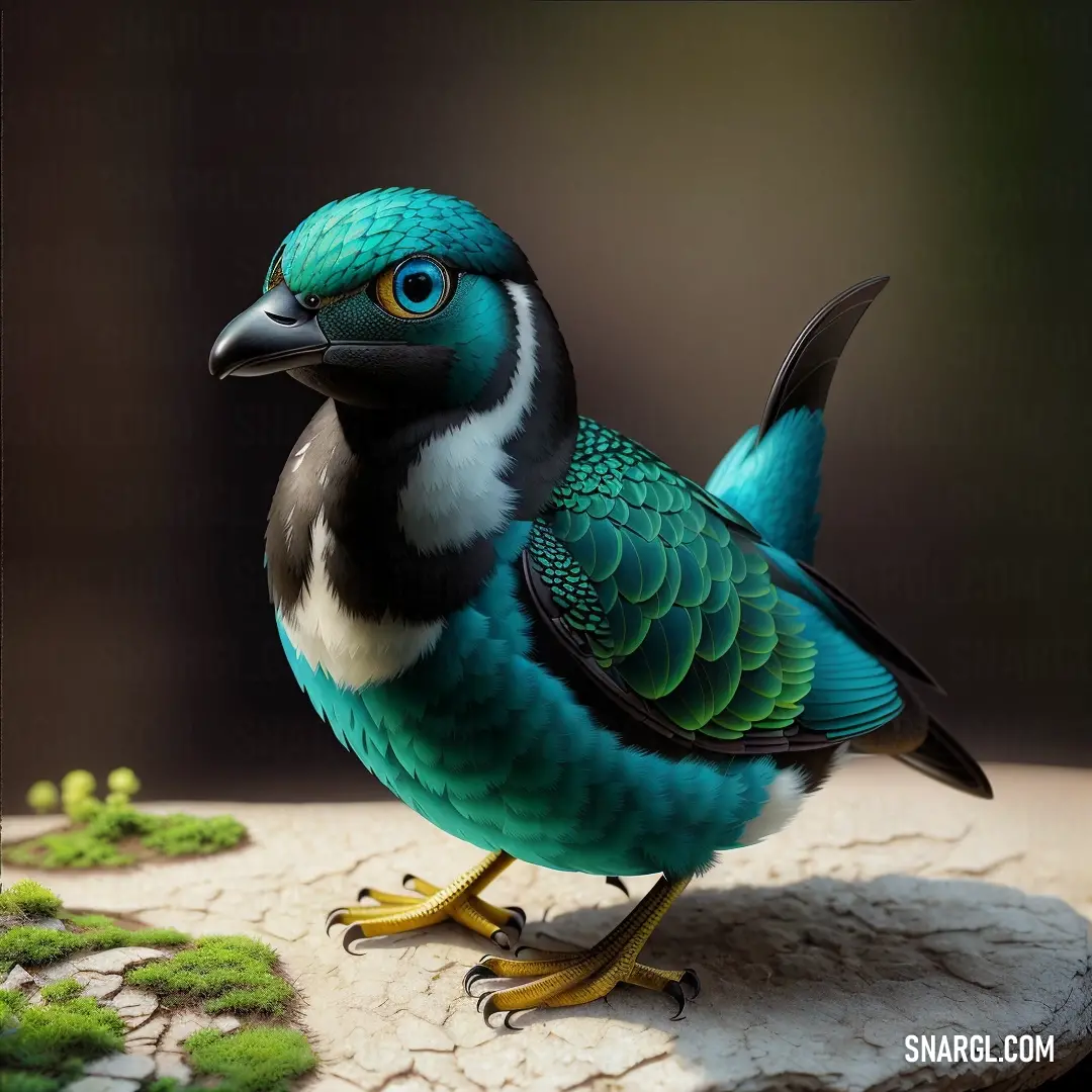Bird with a blue and black body and a yellow beak is standing on a rock and grass area. Example of #007468 color.