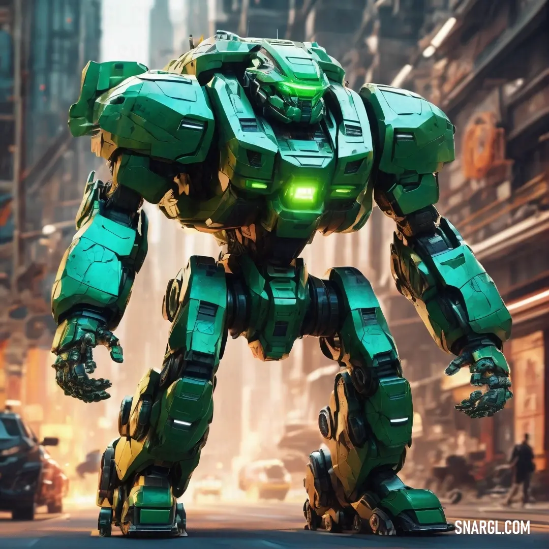 Green robot standing in the middle of a city street with cars and buildings in the background. Example of RGB 0,116,104 color.