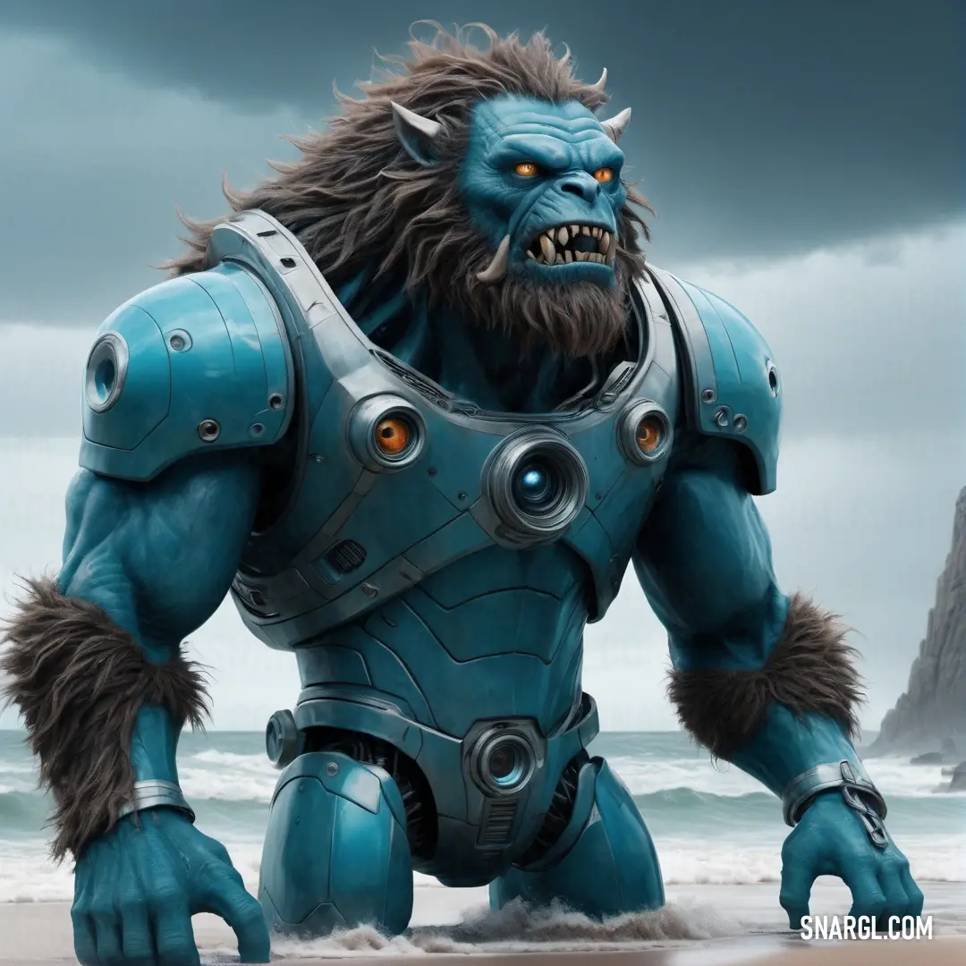 A towering blue creature with a massive head and a thick beard stands on a beach, gazing out at a dark sky. The waves crash gently at its feet, while the creature’s large, otherworldly form creates a stark contrast against the natural landscape.