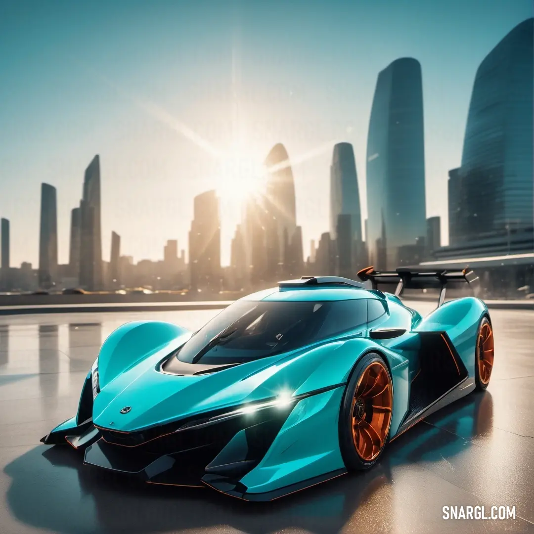 A sleek blue sports car is parked elegantly against a city skyline, its modern design reflecting the vibrant life of the urban landscape filled with towering skyscrapers.