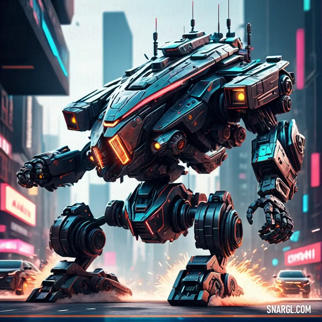 A formidable futuristic robot towers over a cityscape, wielding an enormous weapon, embodying strength and futuristic design against the backdrop of a bustling urban world.