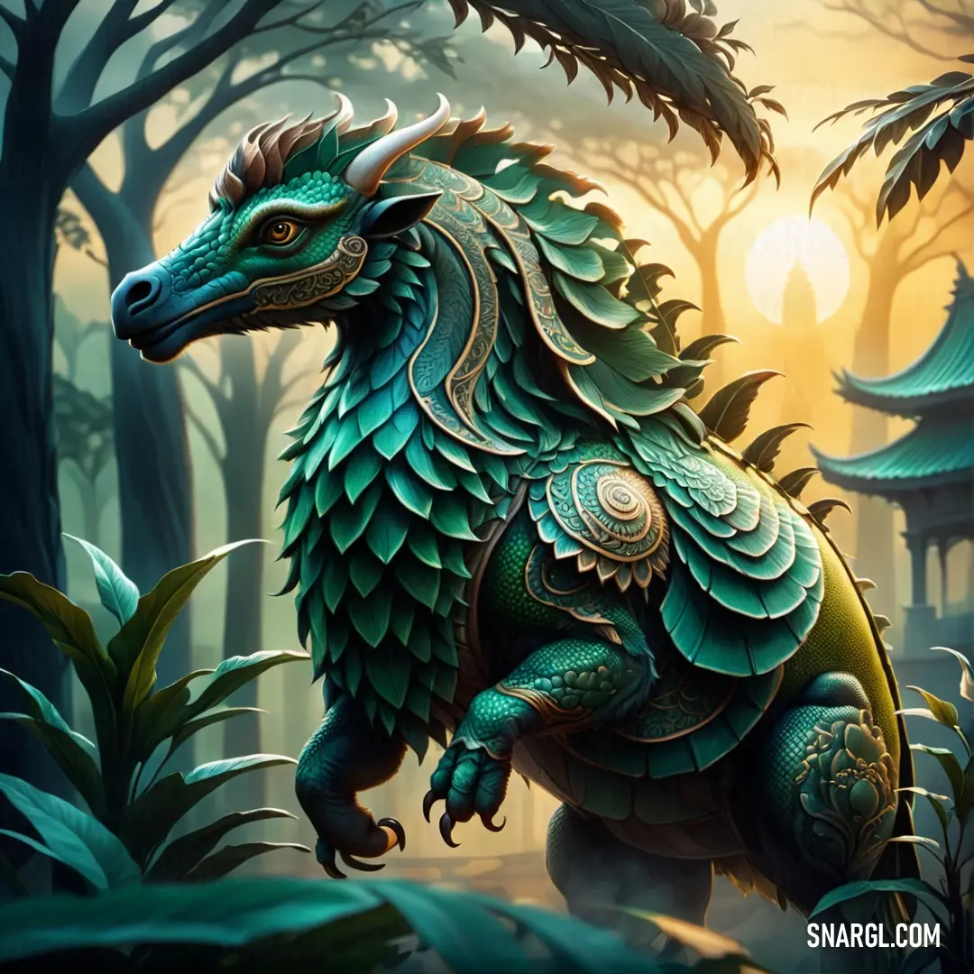 Green dragon statue in a forest with trees and bushes in the background. Color NCS S 4040-B80G.