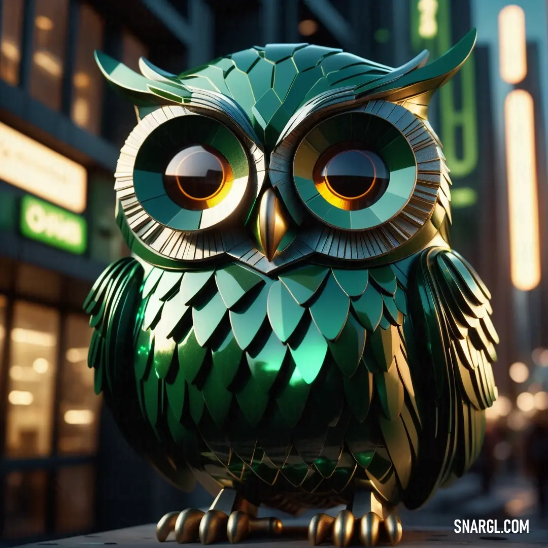 Green owl statue on top of a table in front of a building at night time with a neon light. Example of NCS S 4040-B80G color.