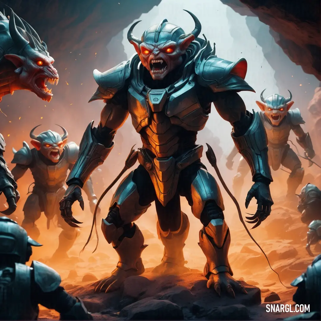 A group of men with demon-like features stands in a shadowy cave, their heads adorned with monstrous demon skulls. The dim, cave-like atmosphere enhances the sinister vibe, as they seem to guard an ancient secret within the rocky walls.