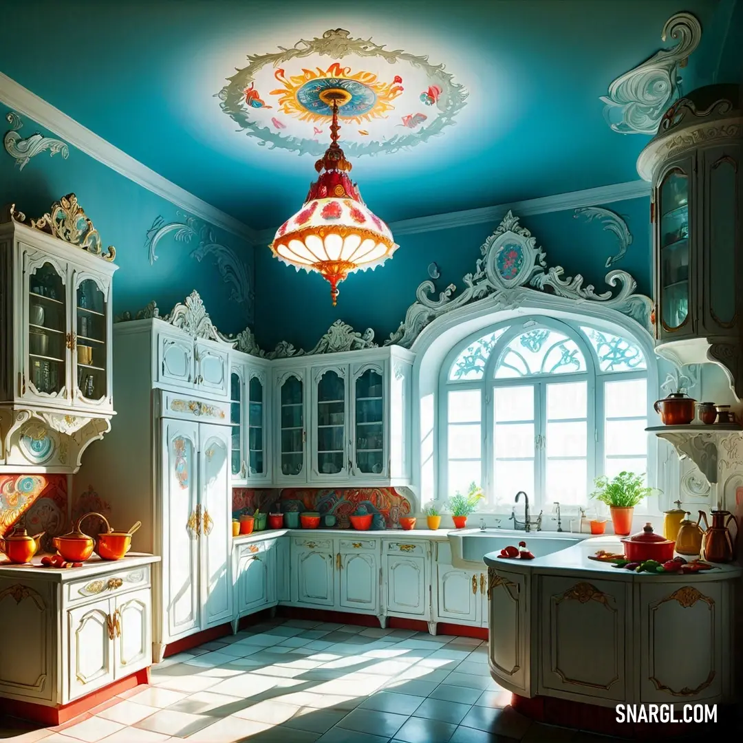 A spacious kitchen illuminated by a lavish chandelier, featuring a unique window in the ceiling that allows natural light to flood the room. The central sink and vibrant RGB 0,115,86 color create a fresh and inspiring cooking environment.