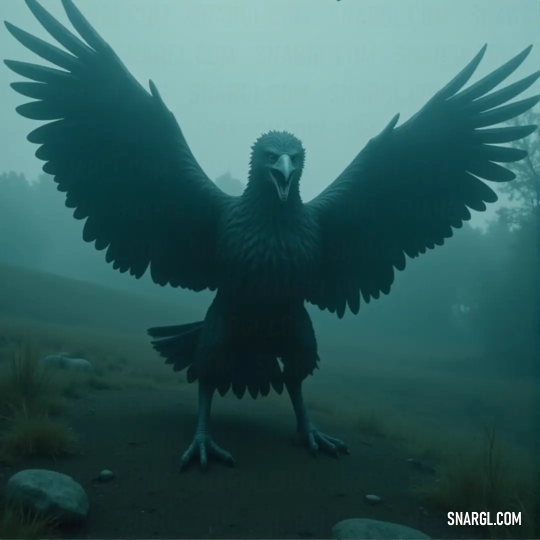 A large bird, its magnificent wings spread wide against a foggy morning sky, effortlessly soaring with another small bird perched atop. An enchanting illustration of the captivating NCS S 4040-B80G color blended with a mystical atmosphere.