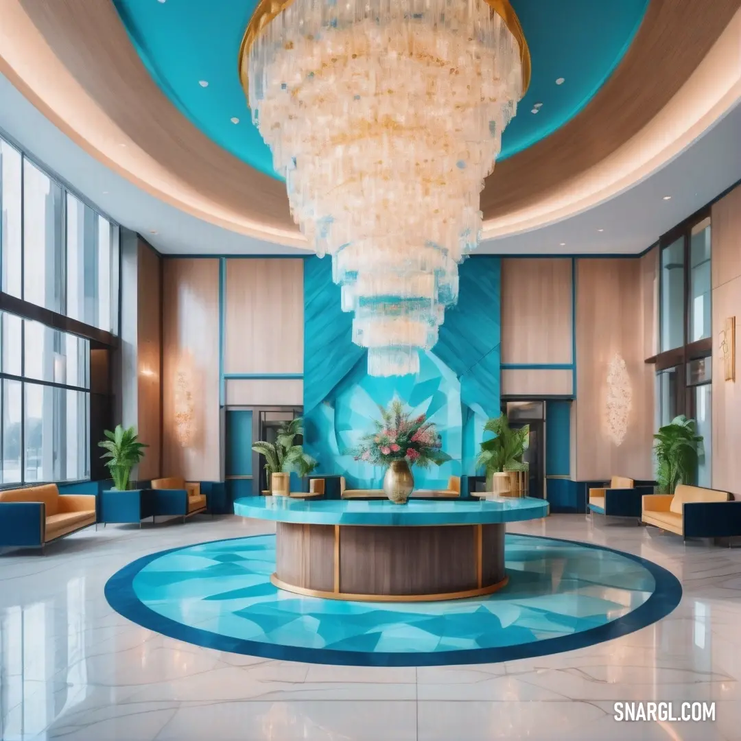 An elegantly designed lobby featuring a stunning chandelier suspended from a beautifully crafted ceiling. The walls and flooring showcase a harmonious blend of blue and gold tones, creating an inviting and luxurious atmosphere characterized by the #007356