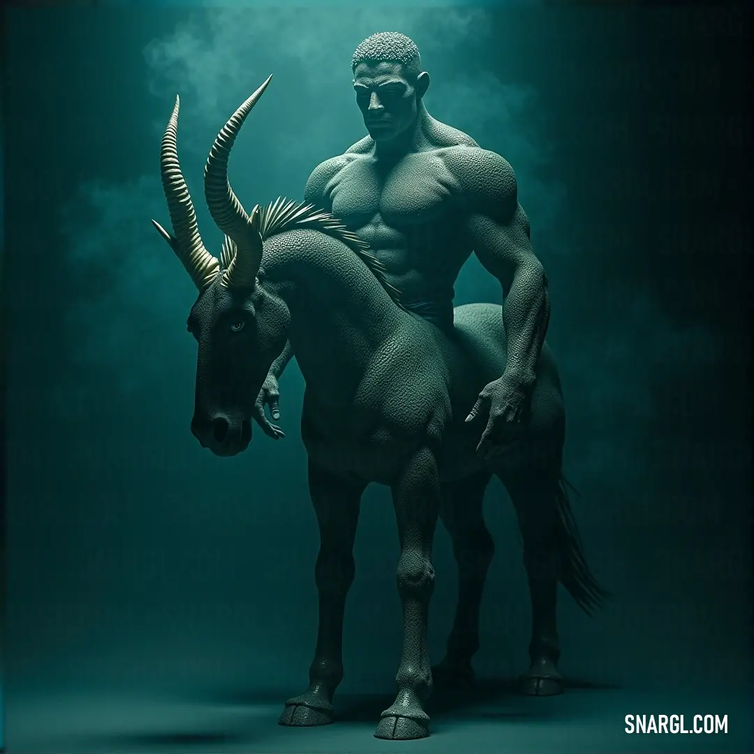 An adventurous man rides a majestic horned animal through the vast ocean, harmony between human and beast captured against a backdrop of a vast sky. The wavy waters shimmer under the sunlight, celebrating the bond of exploration and strength.