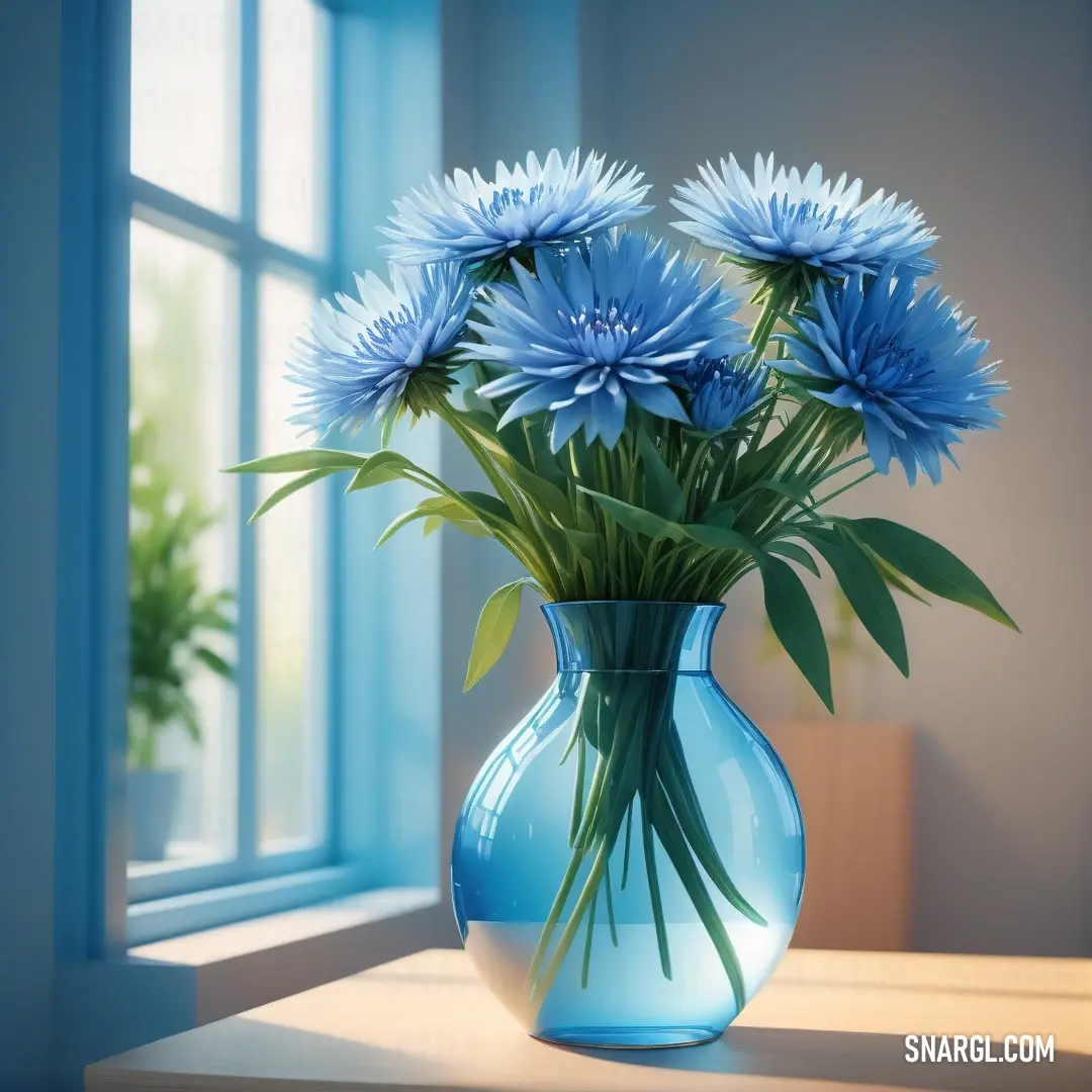 A beautiful blue vase elegantly filled with vibrant blue flowers, positioned gracefully on a sunny window sill. The combination of nature and decor brings life to the space, accented by the soothing color of #007356 creating a calming effect.