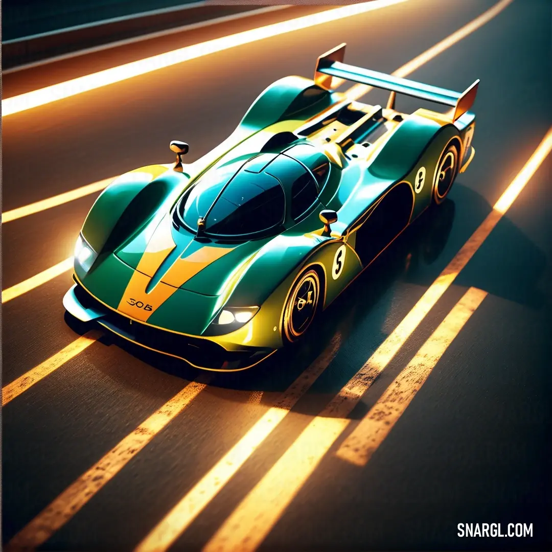 Green and yellow race car driving down a road with a yellow stripe on it's side. Example of RGB 0,115,86 color.