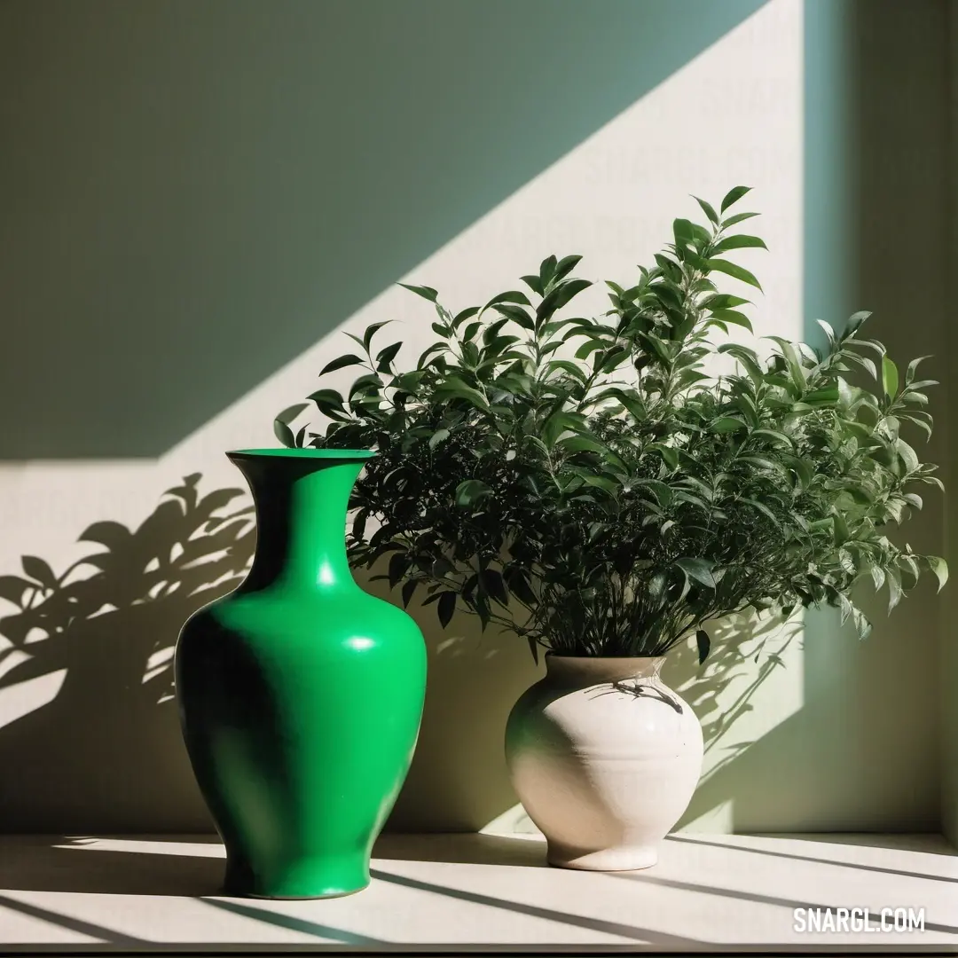 A delightful green vase stands beside a delicate white vase filled with a lush plant, elegantly placed on a table by a sunlit window. This harmonious arrangement showcases the beauty of nature and complements the warm ambiance of the scene.