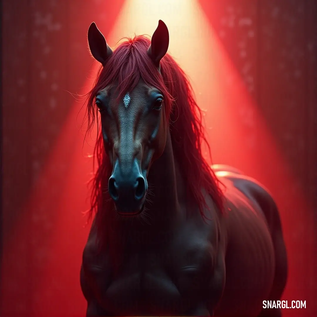 A horse with striking long red hair stands under a dramatic red light, casting an ethereal glow throughout the room. The warm colors interplay, highlighting its majestic form as the spotlight creates an aura of mystery and beauty.