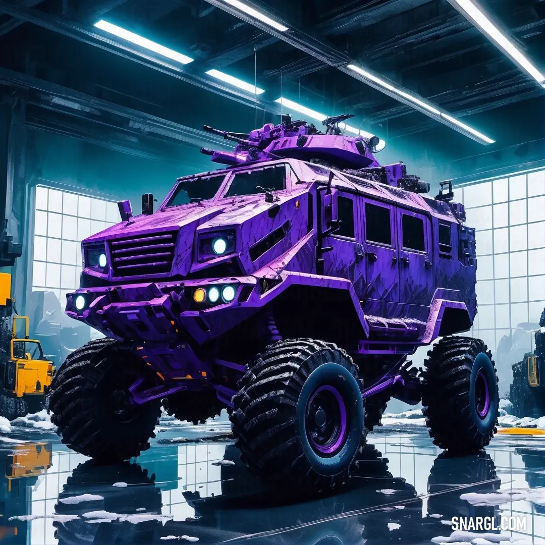 A distinctive purple vehicle rests inside a spacious industrial setting, surrounded by a towering crane and a busy forklift, revealing an atmosphere of innovation and construction.