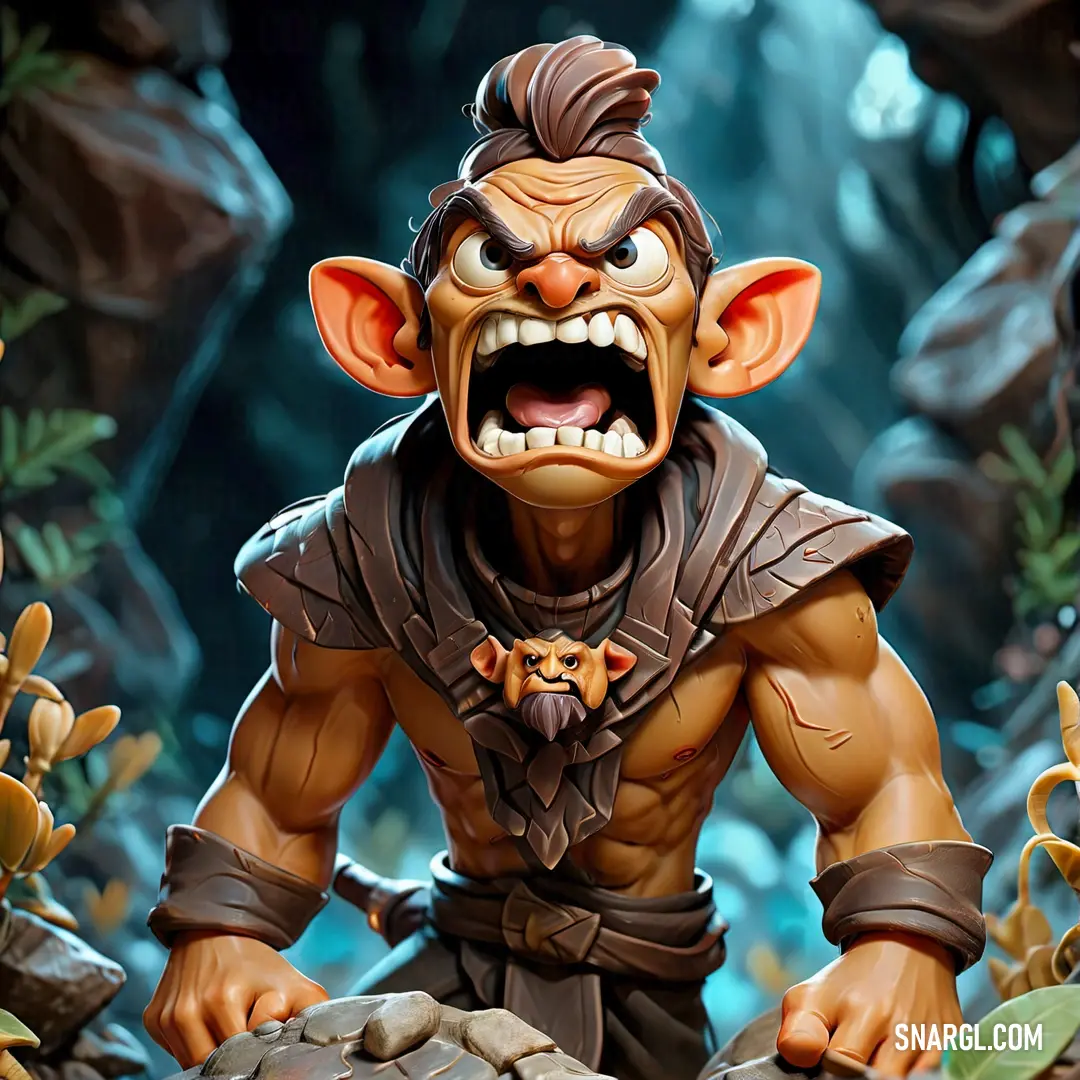 A troll with a grotesque fake head and body lies hidden in a cave, surrounded by jagged rocks and lush plants. The eerie atmosphere of the cave is illuminated by faint natural light, making the troll's presence all the more unsettling.