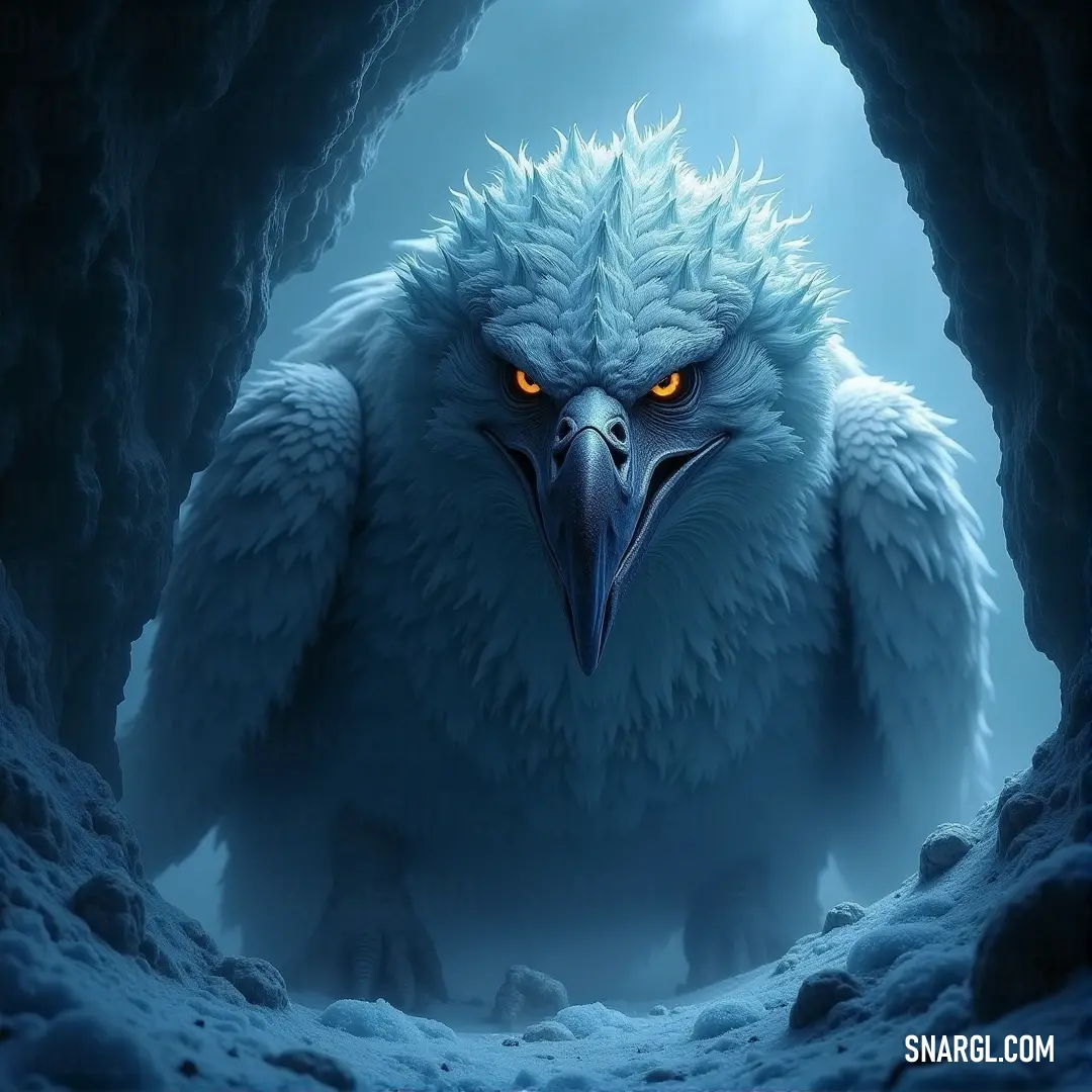 A stunning white bird with captivating yellow eyes emerges from a snowy cave, its form dramatically illuminated by a ray of light. The contrast of its striking features against the serene landscape speaks to the beauty of resilience in the harshest condit