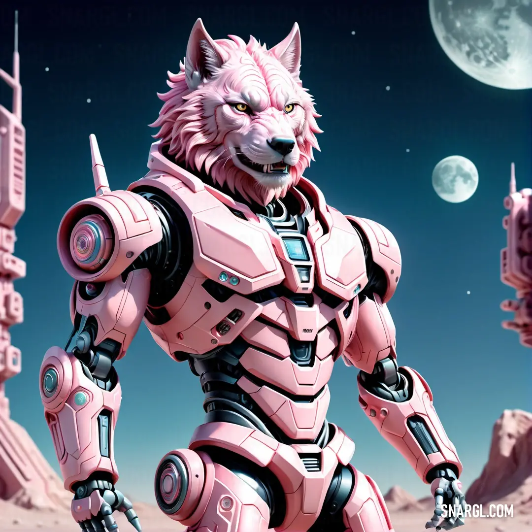 A futuristic pink robot wolf stands powerfully in front of a glowing full moon, with a city skyline and an iconic clock tower silhouetted against the night sky. The scene captures a sense of adventure and mystery as the mechanical wolf stares into the dis