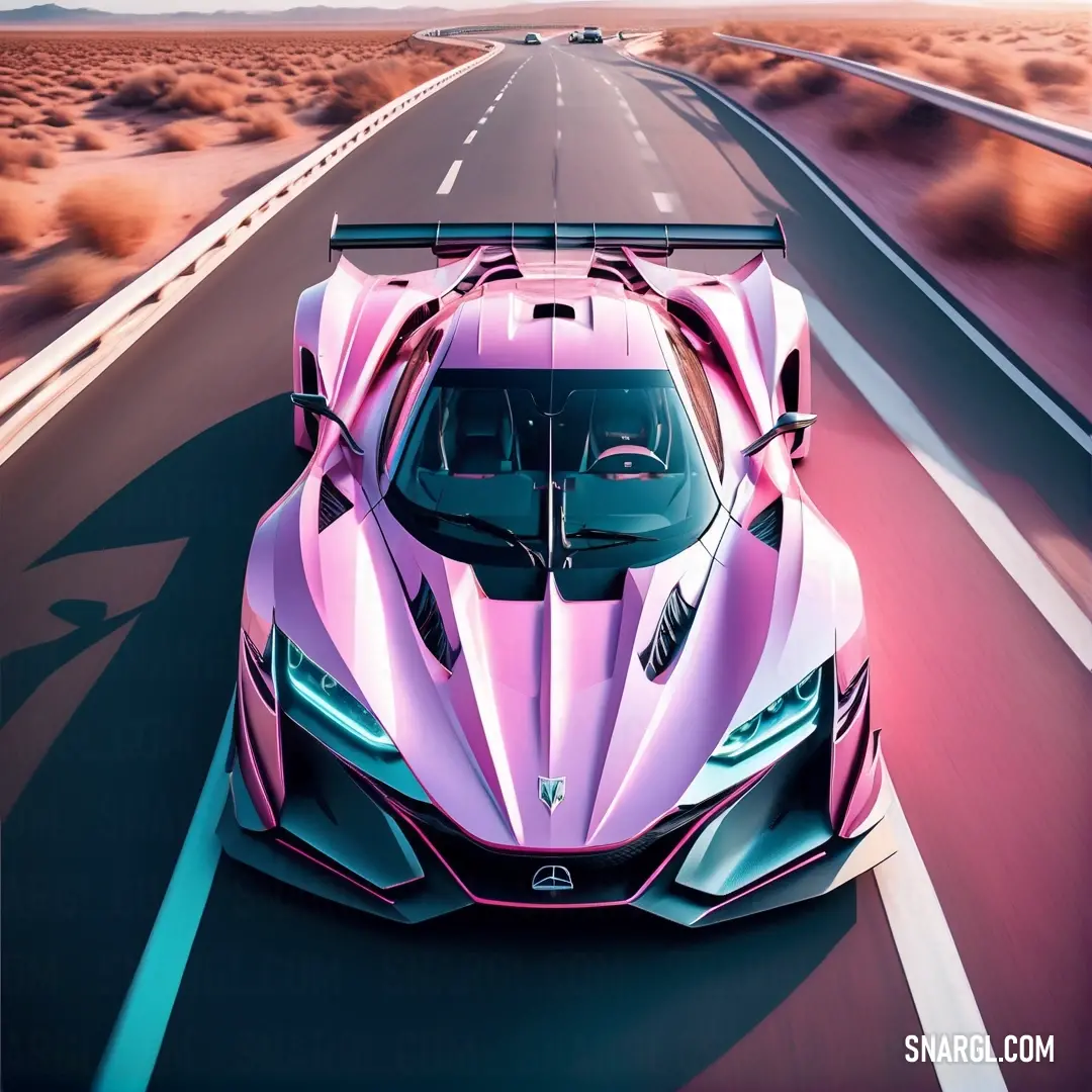 A vibrant pink sports car cruises along a sun-drenched desert road, with a breathtaking sky overhead, embodying freedom and adventure in a stunning natural landscape.