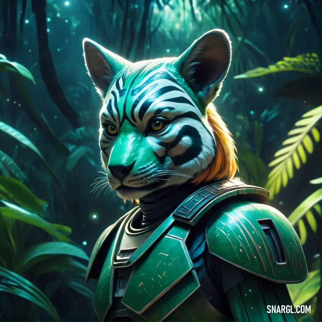 Tiger in a green suit with a tiger's head on it's chest and a jungle background. Example of #007356 color.