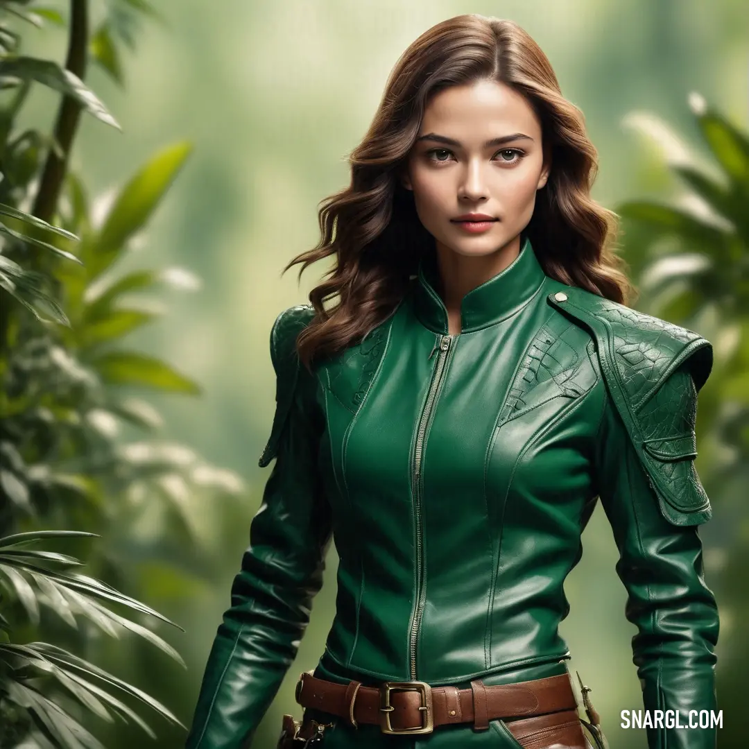 NCS S 4040-B80G color example: Woman in a green leather jacket is standing in a jungle area