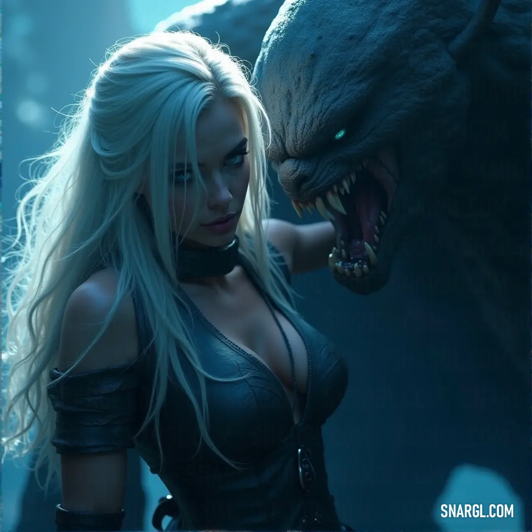 A captivating woman with a wolf's head and a chilling demon face stands regally next to her ethereal apparition. The striking combination of beauty and fierceness creates a powerful aura that captivates anyone who dares to look.