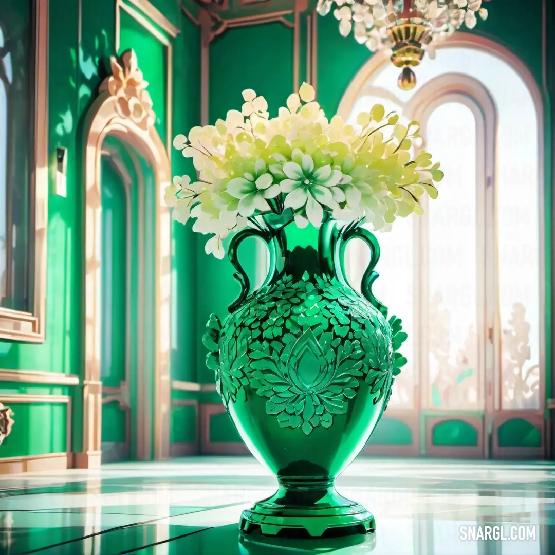 NCS S 4040-B90G color. Green vase with flowers in it on a table in a room with green walls and a chandelier