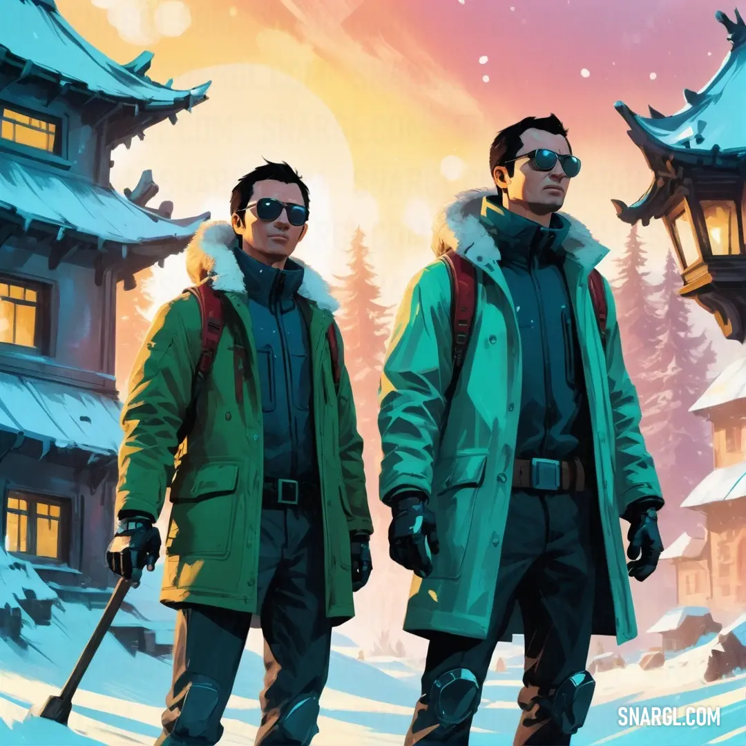 Two men in winter clothes standing in front of a building with a snow covered roof and a sky background. Example of CMYK 83,0,70,38 color.