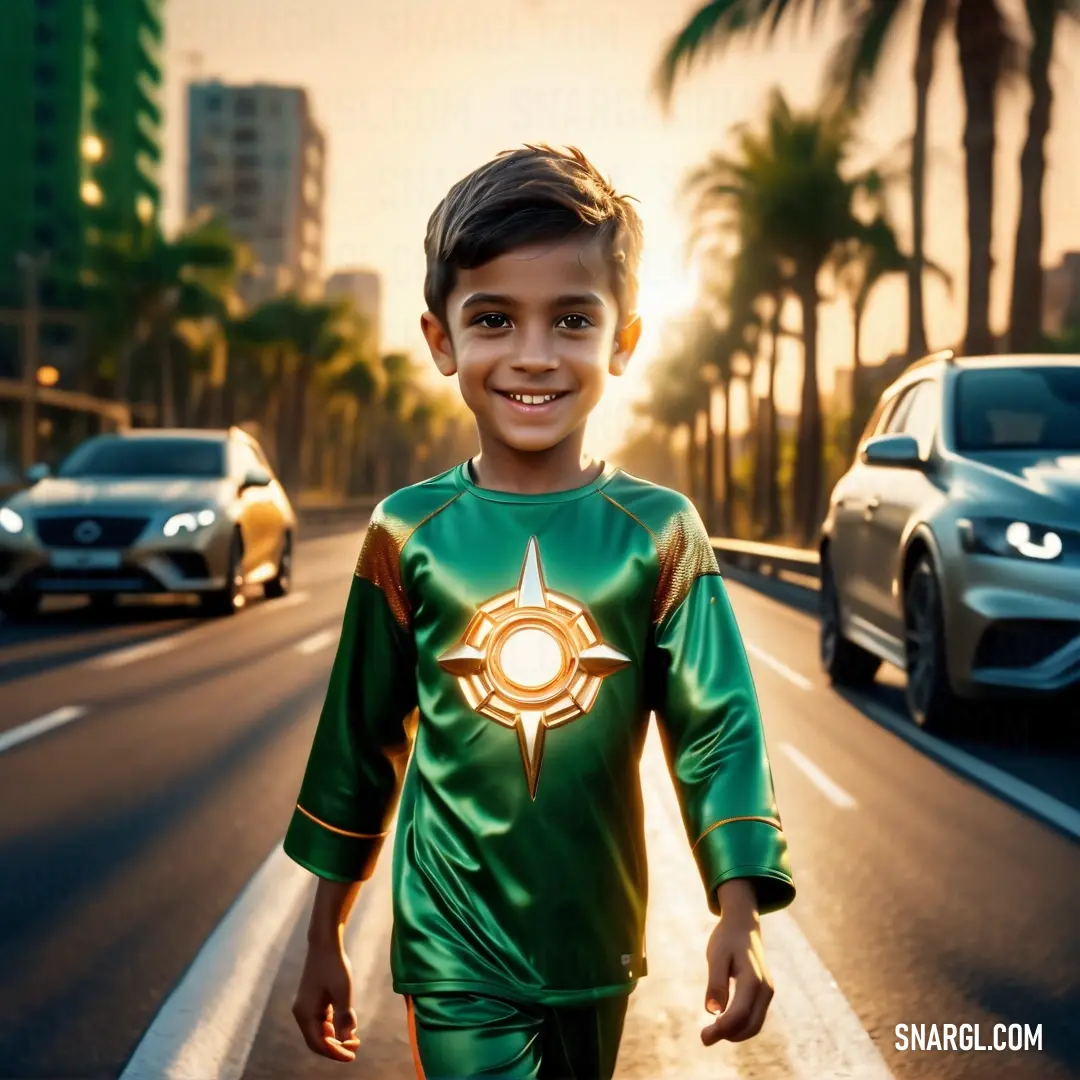 Young boy in a green costume is walking down the street with a car behind him and a city street with palm trees