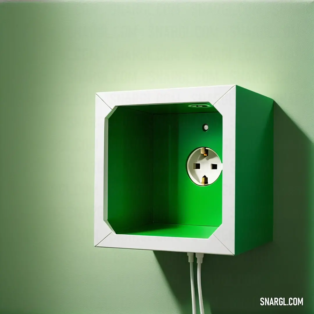 Green and white box with a plug in it on a wall with a green background. Color #2A7833.