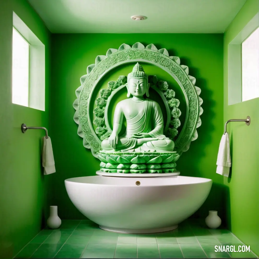 Green bathroom with a buddha statue on the wall and a white sink in the middle of the room. Example of #2A7833 color.